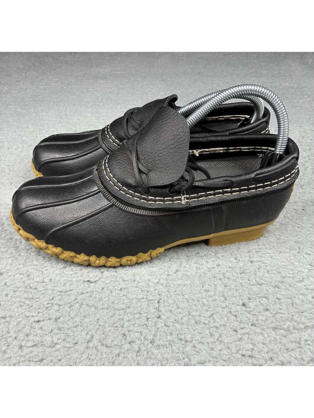 LL Bean Womens 7M Duck Boots Rubber Leather Moc Low Slip On Black USA